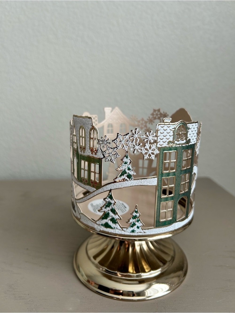 Holiday Village Metal Candle Holder in Gold with Pink and Green Accents - Picture 3 of 5